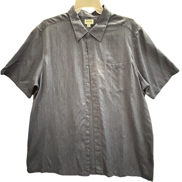 Haggar Shirt Mens 2XL Blue Textured Button Up Short Sleeve Chest Pocket Classic - Picture 1 of 8